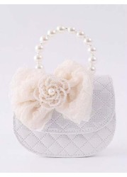 Fashionable Cute Bow Accent Shoulder Crossbody Bag With Elegant Pearl Lace Decor Beaded Handle