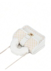 1pc Girl s Vintage Printed Plush Handbag Cute Metal Chain Crossbody Bag Casual Mobile Bag Ideal Choice For Gifts