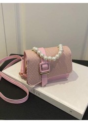 1pc Pu Fashion Splicing Pearl Chain Handbag Korean Princess Fashion Small Square Bag Flip Magnetic Buckle Closure Strap Decoration Niche Design Suitable For Daily Use When Shopping Sweet And Literary