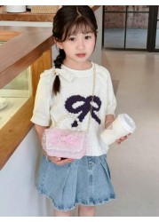 1 Pc Mini Fashion Shiny Young Children Pearl Handbag Chain Crossbody Bag Flip Bag Samll Square Bag Kawaii Princess Bag Toddler Coin Purse Cute Candy Storage Bag Portable Light Sweet Big Lace Bow Sequi