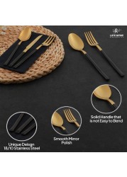 LIFE SMILE Cutlery Set, 18/10 Pure Stainless Steel Flatware Set with Stand, Rust Proof &amp; Fade Proof Dinnerware Set (SHINY GOLD HEAD &amp; SHINY BLACK HANDLE, 38 Pieces)
