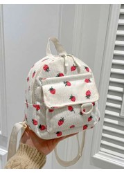 1 Piece Closed Fashionable Japanese Corduroy Stripes Small Fresh College Style Strawberry Pattern Backpack Korean Harajuku Print Small Backpack Suitable For All Occasions Comfortable And Adjustable Sh