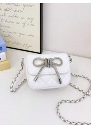 1pc Pu Magnetic Opening And Closing Fashion Sweet Bow Solid Color Diamond Grid Crossbody Mini Square Bag Korean French Exquisite Aesthetic Niche Design Chain Shoulder Crossbody Bag Versatile Casual Hi