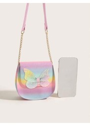 1pc Girls Cute Glitter Butterfly Flap Rainbow Plaid PU Crossbody Bag Suitable For Daily Use
