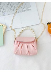 1pc Fashionable Sweet Pearl Chain Shoulder Messenger Bag Fashionable Pleated Underarm Bag Korean Version Of Hand Held Cute Girl Bag Pu Pleated Design Pearl Handbag High Grade Solid Matching Suitable F