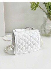 1pc Young Girl Casual Fashion Bowknot Rhombus Embroidery Thread Pearl Chain Crossbody Bag Suitable For Daily Use