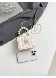 1pc Pu Fashion Simple Sweet Diamond Lattice Pearl Five Pointed Star Hand Held Evening Party Square Bag Niche Design Chain Shoulder Strap Comfortable And Versatile One Shoulder Crossbody Smooth And Not