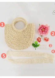 1pc Straw Bag With Faux Flower Half Moon Shaped Women Handbag Woven Crossbody Small Bag Beach Bag