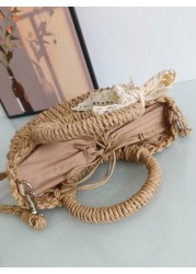 1pc Girls Beach Style Handbag Casual One Shoulder Crossbody Drawstring Top Tote Handmade Woven Butterfly Decor Straw Bag