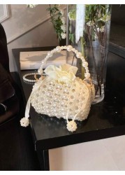 1pc Girls Pearl Drawstring Closure Cute Handbag White Beaded Crossbody Bag Suitable For Spring Summer