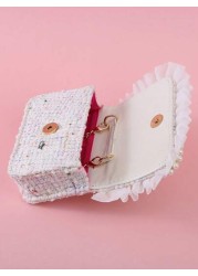 1pc Girls Ruffle Flower Leaf Metal Decor Pearl Sticker PU Wool Felt Multi Function Chain Closure Casual Beaded Handbag Children Princess One Shoulder Crossbody Bag Suitable For Holidays And Daily Use