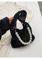 1pc Handbag Open Top Opening And Closing Niche Pearl Hollow Design Bag For Girl New Summer Fashion Braided Small Bag Casual And Versatile Beach Bag Suitable For Daily Outings And Vacations A Perfect G