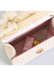Straw Crossbody Bag Portable Faux Pearl Beaded Lace Bow Decor Handbag Ideal Gift Choice