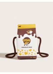 1pc Kids Pink Strawberry Cow Print PU Milk Carton Cute Cartoon 3D Fashion One Shoulder Crossbody Bag Suitable For Daily Use