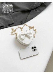1pc Pu Zipper Closure Messenger Bag Fashionable Mini Heart Shaped Chain Shoulder Messenger Bag Ins Korean Version Niche Design Simple And Exquisite Lipstick Earphone Bag Comfortable Shoulder Strap Smo