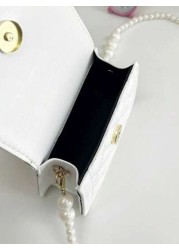 1pc Young Girl Casual Fashion Bowknot Rhombus Embroidery Thread Pearl Chain Crossbody Bag Suitable For Daily Use