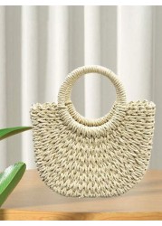 1pc Straw Bag With Faux Flower Half Moon Shaped Women Handbag Woven Crossbody Small Bag Beach Bag