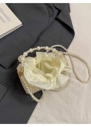 1pc Girls Pearl Drawstring Closure Cute Handbag White Beaded Crossbody Bag Suitable For Spring Summer