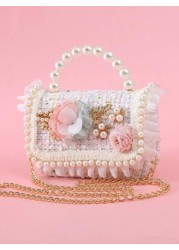 1pc Girls Ruffle Flower Leaf Metal Decor Pearl Sticker PU Wool Felt Multi Function Chain Closure Casual Beaded Handbag Children Princess One Shoulder Crossbody Bag Suitable For Holidays And Daily Use