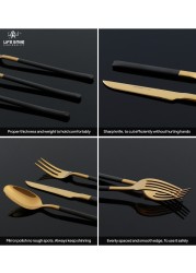 LIFE SMILE Cutlery Set, 18/10 Pure Stainless Steel Flatware Set with Stand, Rust Proof &amp; Fade Proof Dinnerware Set (SHINY GOLD HEAD &amp; SHINY BLACK HANDLE, 38 Pieces)