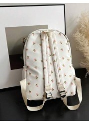 1pc White Nylon Floral Print Dual Zipper Large Capacity Fashionable Versatile Backpack Student Bag