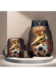3pcs Set Soccer Themed 3D Printed Backpack Crossbody Bag Pencil Case 16 Inch Schoolbag Outdoor Travel Bag