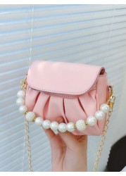 1pc Fashionable Sweet Pearl Chain Shoulder Messenger Bag Fashionable Pleated Underarm Bag Korean Version Of Hand Held Cute Girl Bag Pu Pleated Design Pearl Handbag High Grade Solid Matching Suitable F