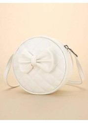 1pc Girl s White PU Shoulder Bag Fashionable Cute Bow Design Small Round Bag With Rhombus Embroidery Fits For Phone And Coins Zippered Closure Suitable For All Seasons