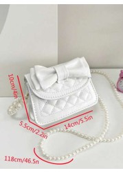1pc Young Girl Casual Fashion Bowknot Rhombus Embroidery Thread Pearl Chain Crossbody Bag Suitable For Daily Use