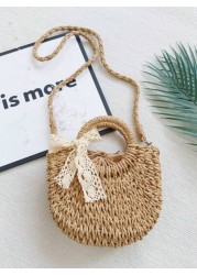 1pc Girls Beach Style Handbag Casual One Shoulder Crossbody Drawstring Top Tote Handmade Woven Butterfly Decor Straw Bag