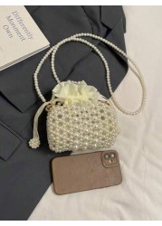 1pc Girls Pearl Drawstring Closure Cute Handbag White Beaded Crossbody Bag Suitable For Spring Summer