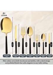 LIFE SMILE Cutlery Set, 18/10 Pure Stainless Steel Flatware Set with Stand, Rust Proof &amp; Fade Proof Dinnerware Set (SHINY GOLD HEAD &amp; SHINY BLACK HANDLE, 38 Pieces)
