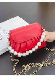 1pc Fashionable Sweet Pearl Chain Shoulder Messenger Bag Fashionable Pleated Underarm Bag Korean Version Of Hand Held Cute Girl Bag Pu Pleated Design Pearl Handbag High Grade Solid Matching Suitable F