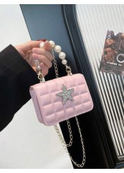 1pc Pu Fashion Simple Sweet Diamond Lattice Pearl Five Pointed Star Hand Held Evening Party Square Bag Niche Design Chain Shoulder Strap Comfortable And Versatile One Shoulder Crossbody Smooth And Not