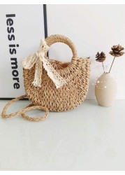 1pc Girls Beach Style Handbag Casual One Shoulder Crossbody Drawstring Top Tote Handmade Woven Butterfly Decor Straw Bag