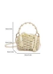 1pc Girls Pearl Drawstring Closure Cute Handbag White Beaded Crossbody Bag Suitable For Spring Summer