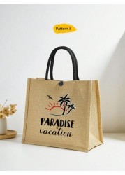 1 Pc Simple Linen Summer Element Print Tote Bag For Big Children Large Capacity Travel Bag Square Bag Gift Bag Shopping Bag Portable Button Closure Handbag For Daily Class And Back To School Shopping