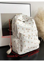 1pc White Nylon Floral Print Dual Zipper Large Capacity Fashionable Versatile Backpack Student Bag