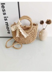 1pc Girls Beach Style Handbag Casual One Shoulder Crossbody Drawstring Top Tote Handmade Woven Butterfly Decor Straw Bag