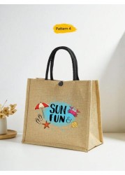 1 Pc Simple Linen Summer Element Print Tote Bag For Big Children Large Capacity Travel Bag Square Bag Gift Bag Shopping Bag Portable Button Closure Handbag For Daily Class And Back To School Shopping